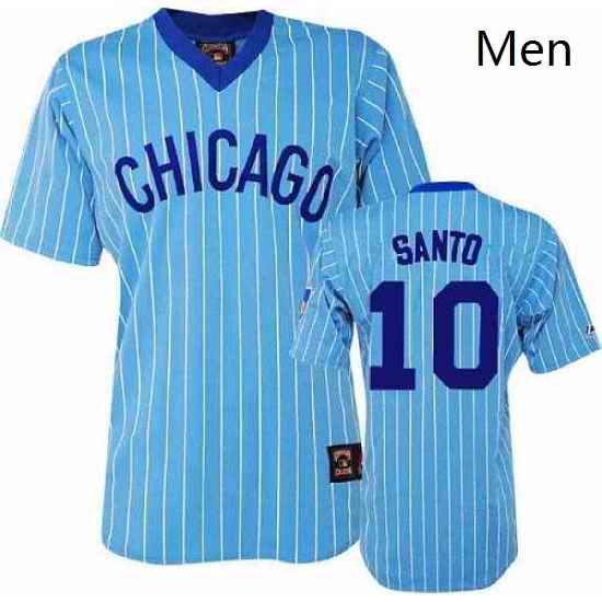 Mens Majestic Chicago Cubs 10 Ron Santo Authentic BlueWhite Strip Cooperstown Throwback MLB Jersey